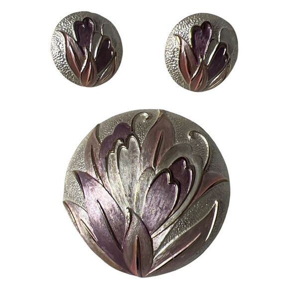 Post Modern Pastel Flower Dome Brooch & Clip In Floral Earrings Jewelry Set - Picture 5 of 6